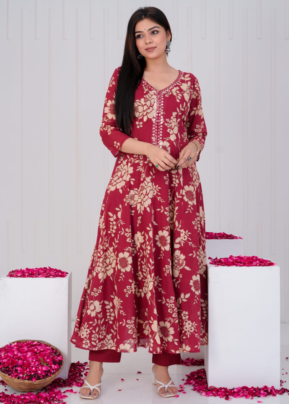 Gulrooh – Maroon Floral Cotton Anarkali Set