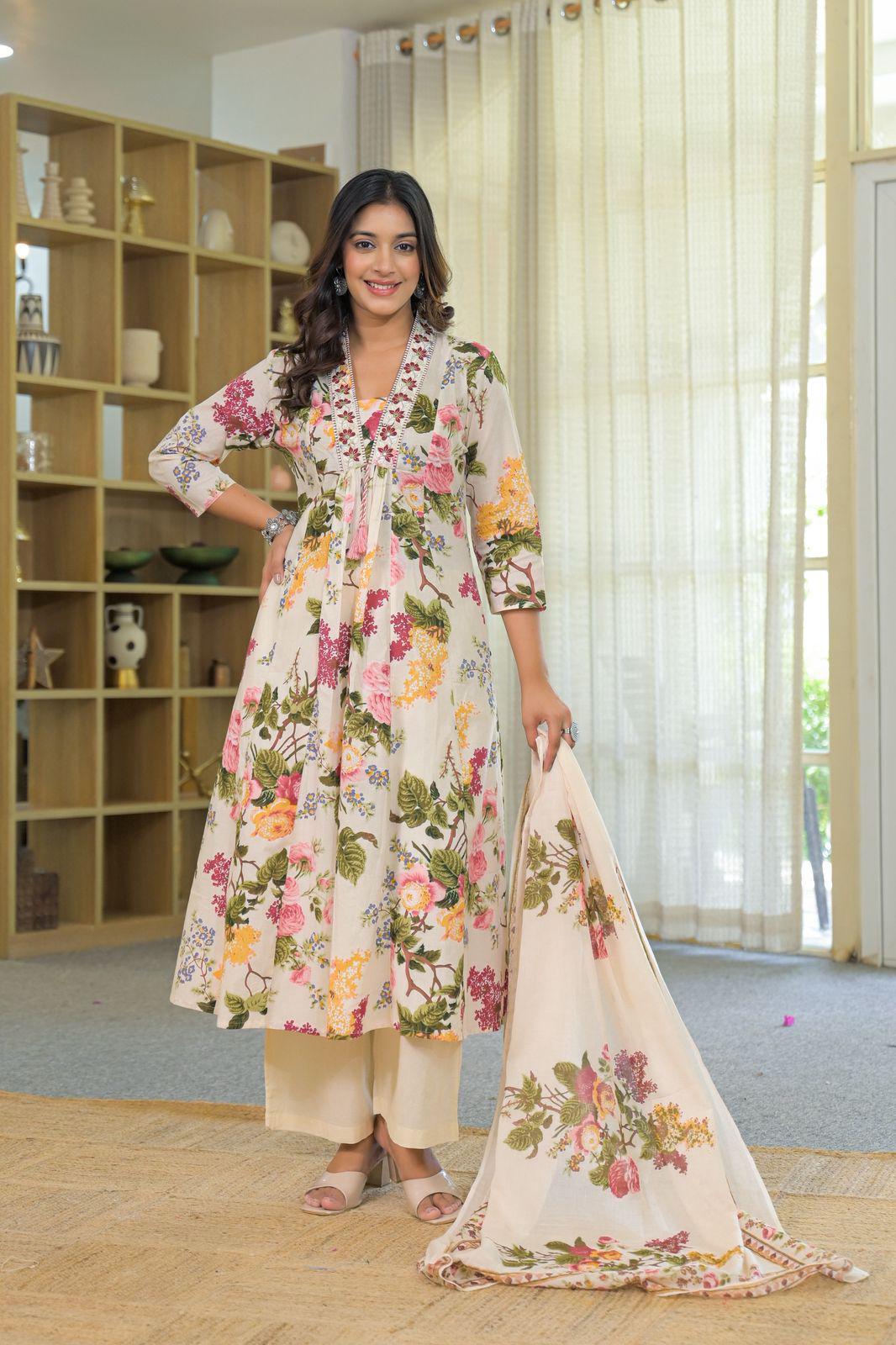 Naazneen – Off White Floral Printed Suit Set with Dupatta | Soft Cotton Ethnic Wear for Women