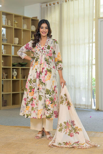 Naazneen – Off White Floral Printed Suit Set with Dupatta | Soft Cotton Ethnic Wear for Women