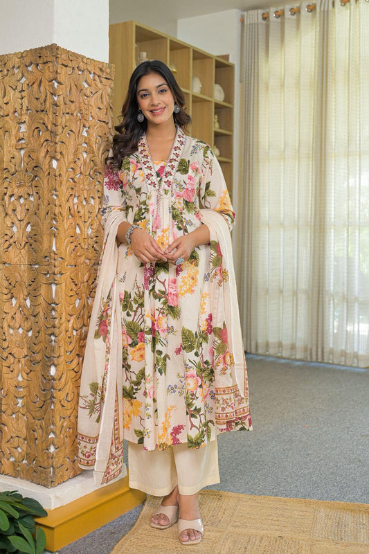 Naazneen – Off White Floral Printed Suit Set with Dupatta | Soft Cotton Ethnic Wear for Women