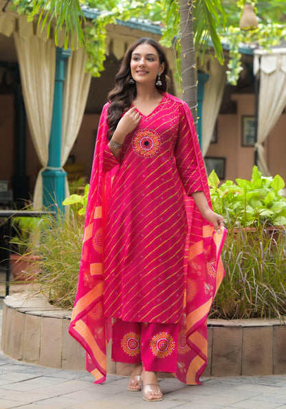 Samaa - Pink Leheriya Mirror Work Cotton Suit Set