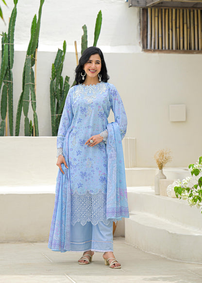 Ufaq – Sky Blue Pure Mul Cotton Suit Set with Detailing | Summer Ethnic Wear for Women