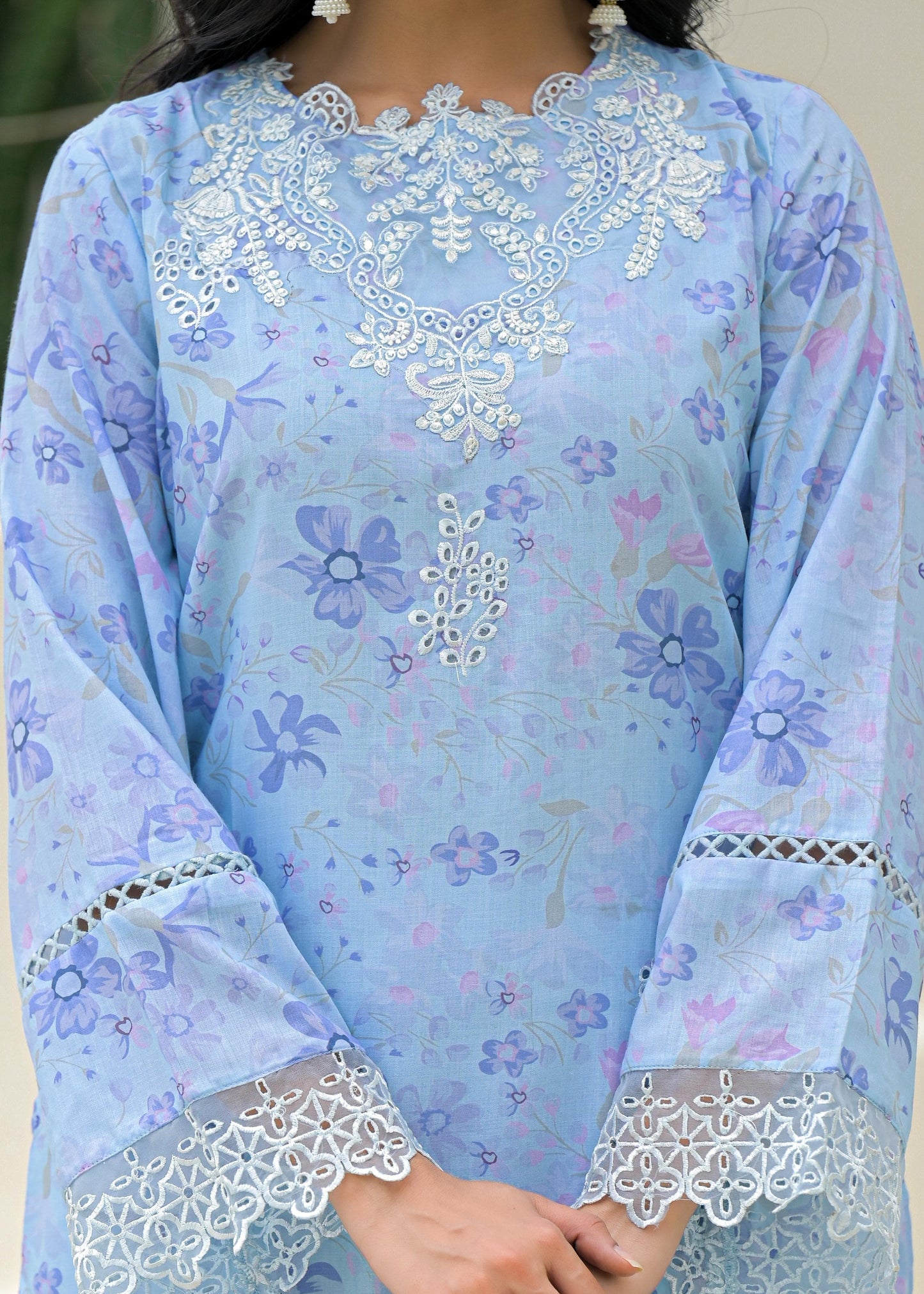 Ufaq – Sky Blue Pure Mul Cotton Suit Set with Detailing | Summer Ethnic Wear for Women