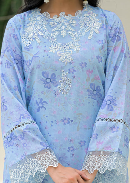 Ufaq – Sky Blue Pure Mul Cotton Suit Set with Detailing | Summer Ethnic Wear for Women