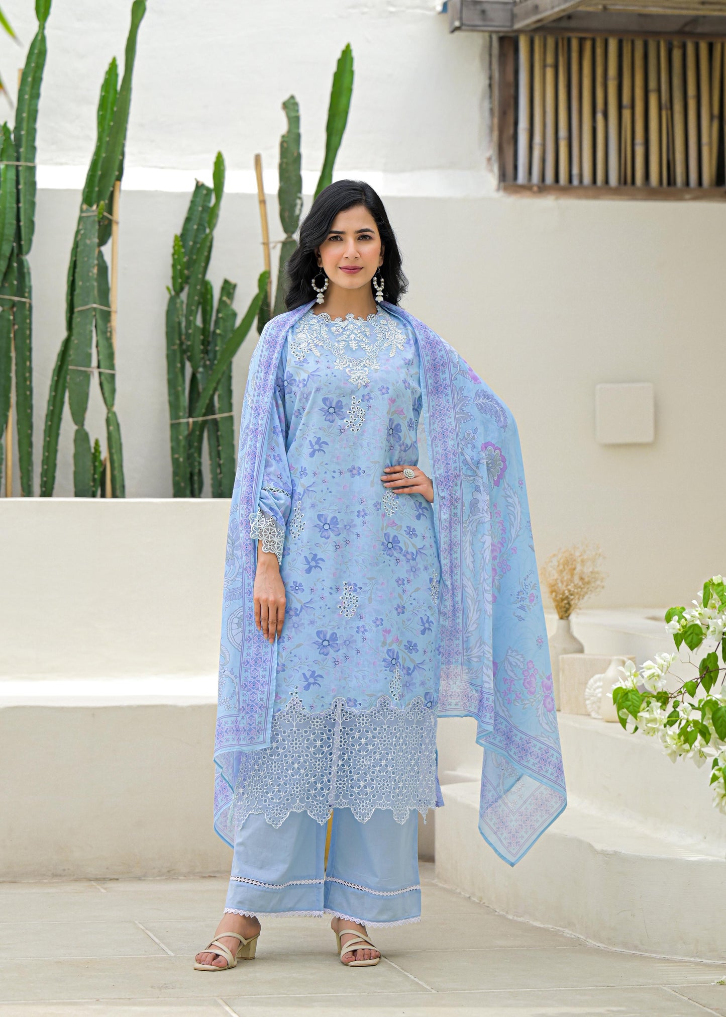 Ufaq – Sky Blue Pure Mul Cotton Suit Set with Detailing | Summer Ethnic Wear for Women