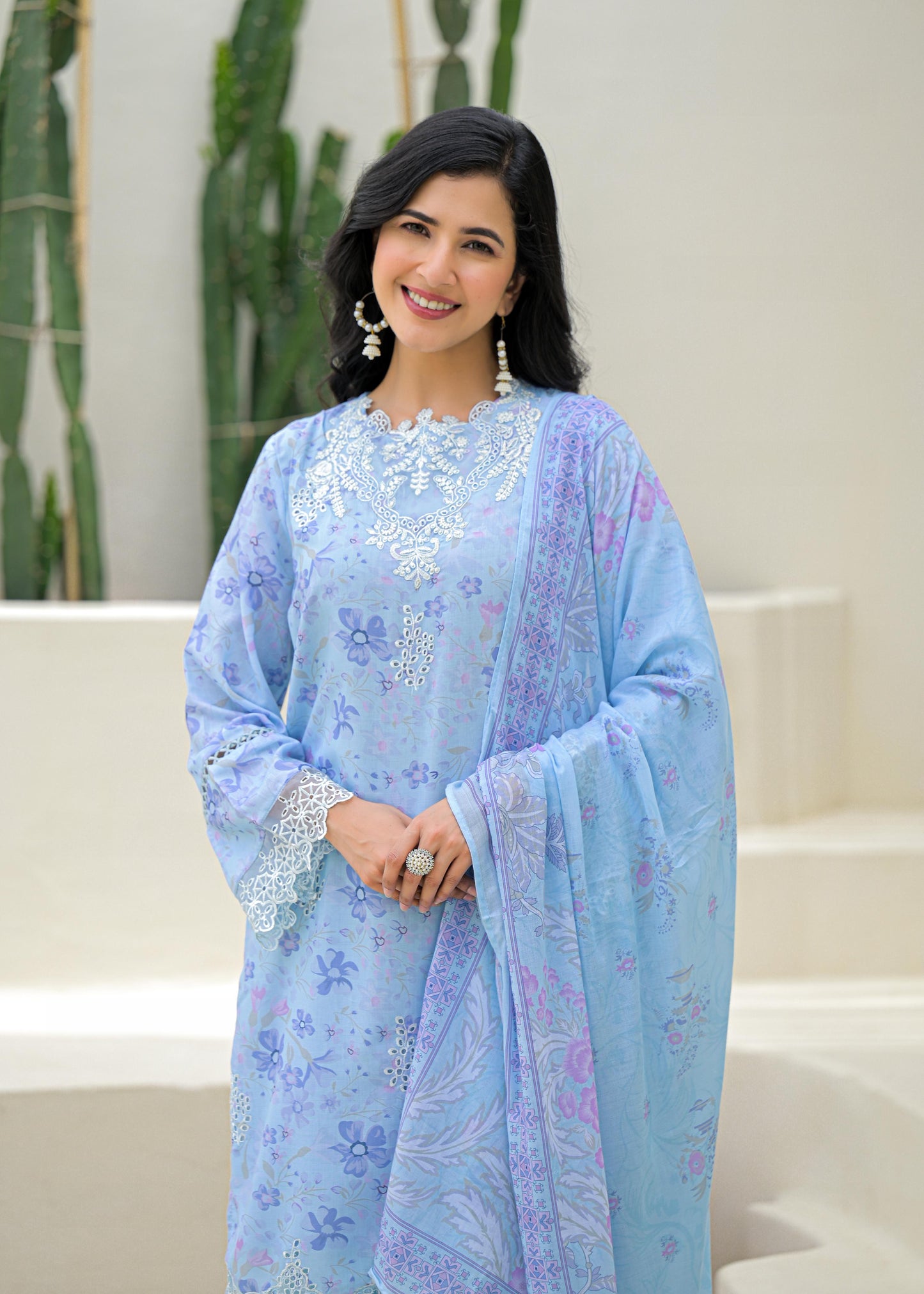 Ufaq – Sky Blue Pure Mul Cotton Suit Set with Detailing | Summer Ethnic Wear for Women