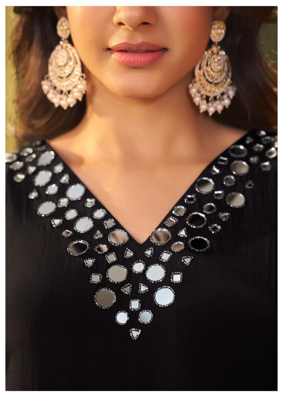 Shab-e-Noor – Black Crepe Suit Set with Real Mirror Work on Neck & Sleeves | Premium Ethnic Wear for Women