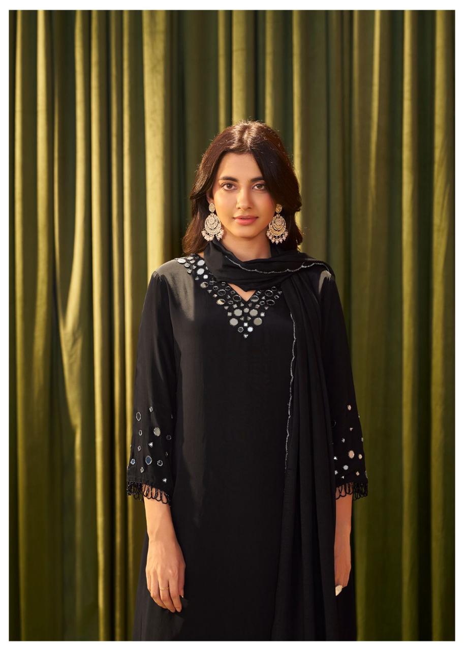 Shab-e-Noor – Black Crepe Suit Set with Real Mirror Work on Neck & Sleeves | Premium Ethnic Wear for Women