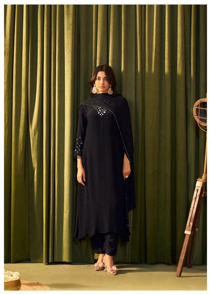 Shab-e-Noor – Black Crepe Suit Set with Real Mirror Work on Neck & Sleeves | Premium Ethnic Wear for Women