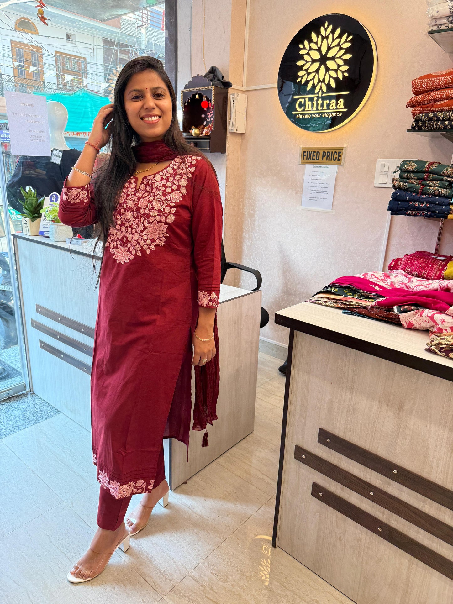 Tamanna – Rust & Maroon Cotton Suit Set with Embroidered Neck & Sleeves | Festive Ethnic Wear for Women