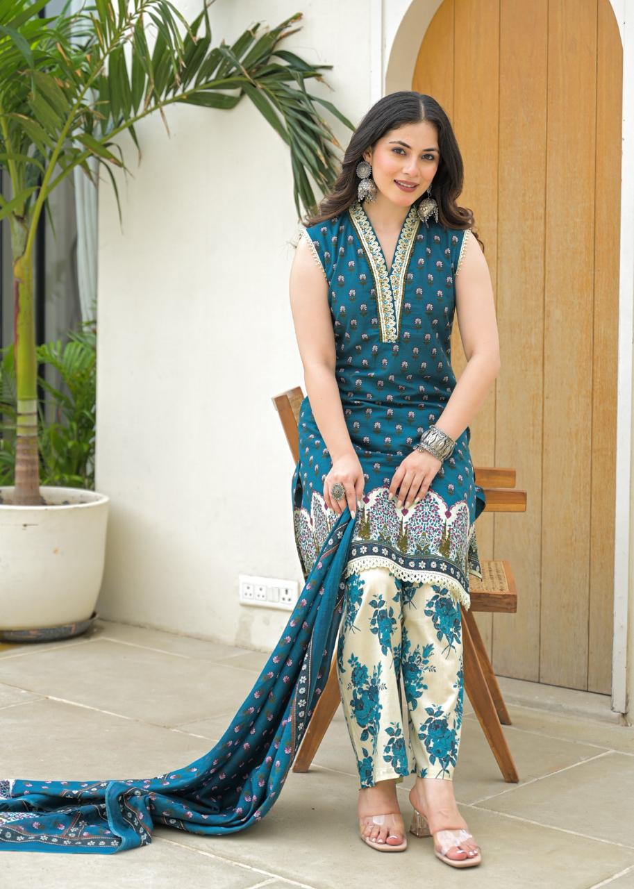 Fiza – Blue Pure Cotton Sleeveless Suit with Printed Palazzo & Dupatta