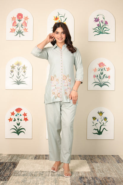 Dastak – Mint Green Pure Cotton Embroidered Co-ord Set | Elegant Summer Ethnic Wear for Women