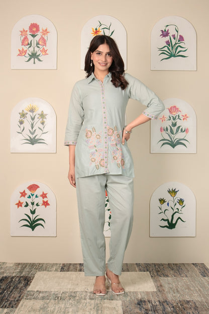 Dastak – Mint Green Pure Cotton Embroidered Co-ord Set | Elegant Summer Ethnic Wear for Women