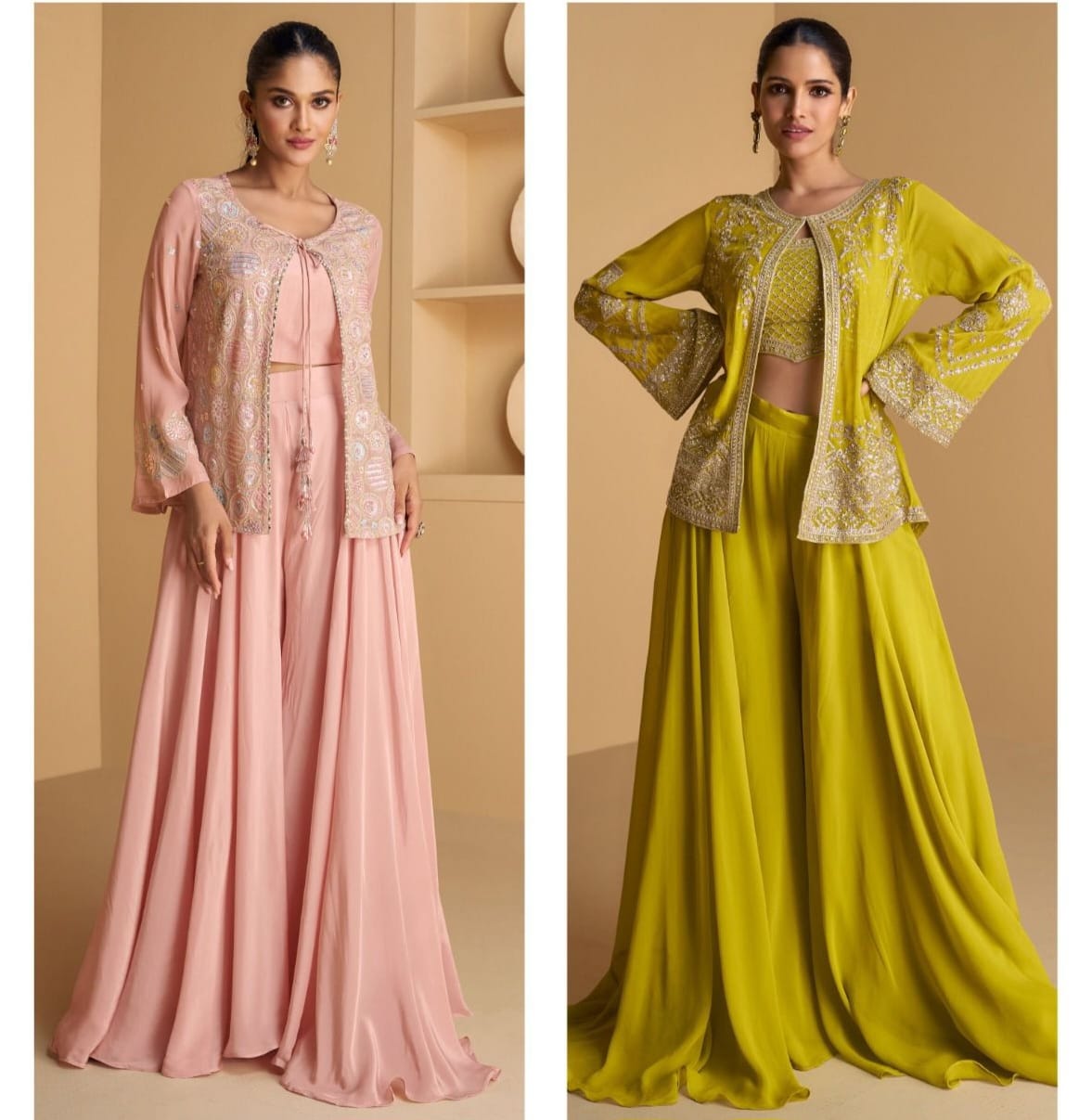 Shaam-e-Safar – Designer Georgette Dress with Embroidered Crop Top, Bell-Sleeve Shrug & Sharara | Available in Neon & Peach