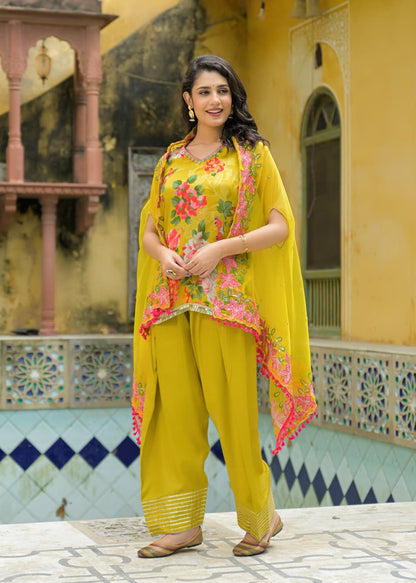 Lehza - Yellow Floral Pure Chinnon Suit Set with Shrug | Luxury Festive Ethnic Wear