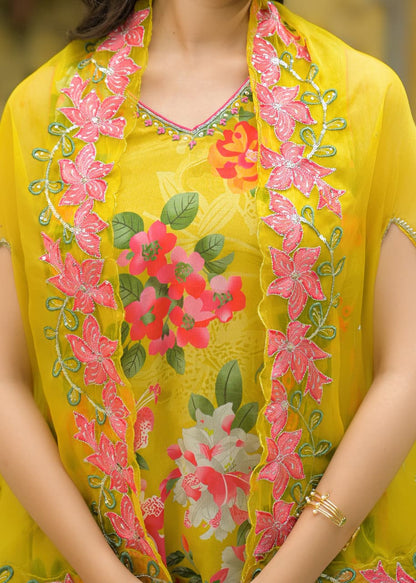 Lehza - Yellow Floral Pure Chinnon Suit Set with Shrug | Luxury Festive Ethnic Wear