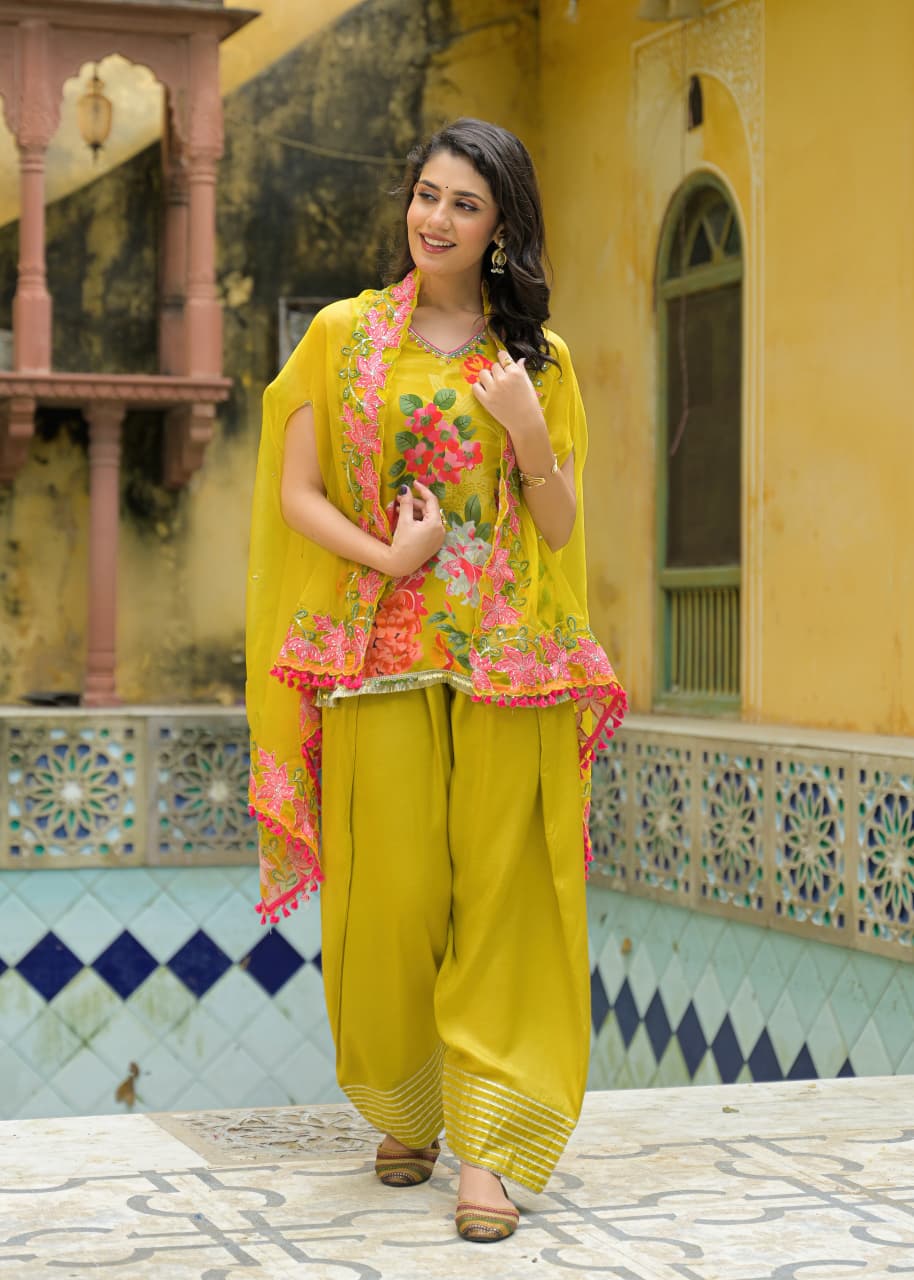 Lehza - Yellow Floral Pure Chinnon Suit Set with Shrug | Luxury Festive Ethnic Wear