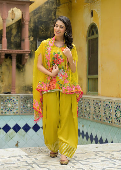 Lehza - Yellow Floral Pure Chinnon Suit Set with Shrug | Luxury Festive Ethnic Wear