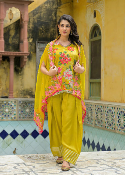Lehza - Yellow Floral Pure Chinnon Suit Set with Shrug | Luxury Festive Ethnic Wear