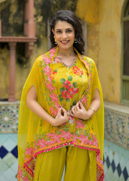 Lehza - Yellow Floral Pure Chinnon Suit Set with Shrug | Luxury Festive Ethnic Wear