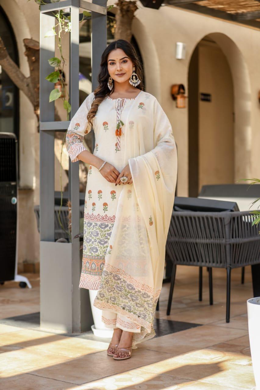 Viraasat - White Printed Pure Cotton Suit Set with Dupatta | Heritage-Inspired Ethnic Wear for Women