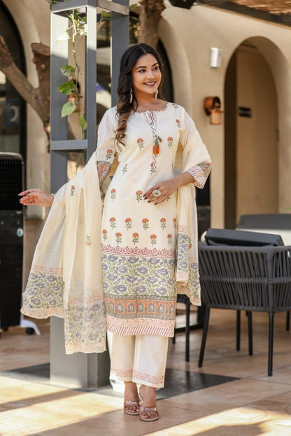 Viraasat - White Printed Pure Cotton Suit Set with Dupatta | Heritage-Inspired Ethnic Wear for Women