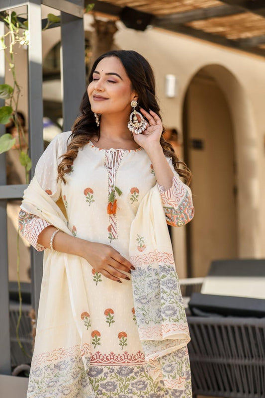 Viraasat - White Printed Pure Cotton Suit Set with Dupatta | Heritage-Inspired Ethnic Wear for Women