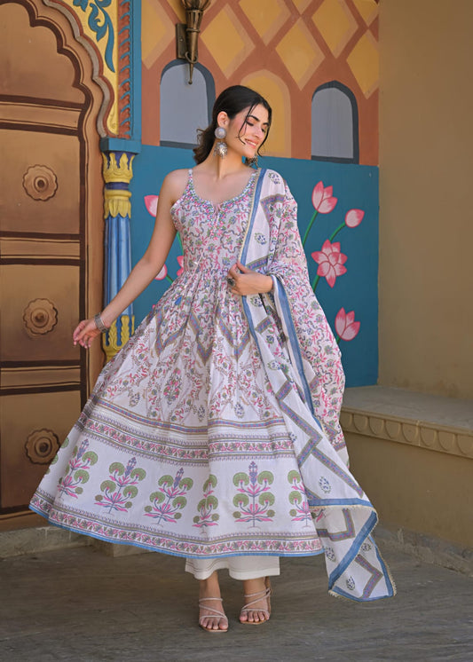 Naaz – White Printed Cotton Anarkali Suit Set with Dupatta | Elegant Ethnic Wear for Women