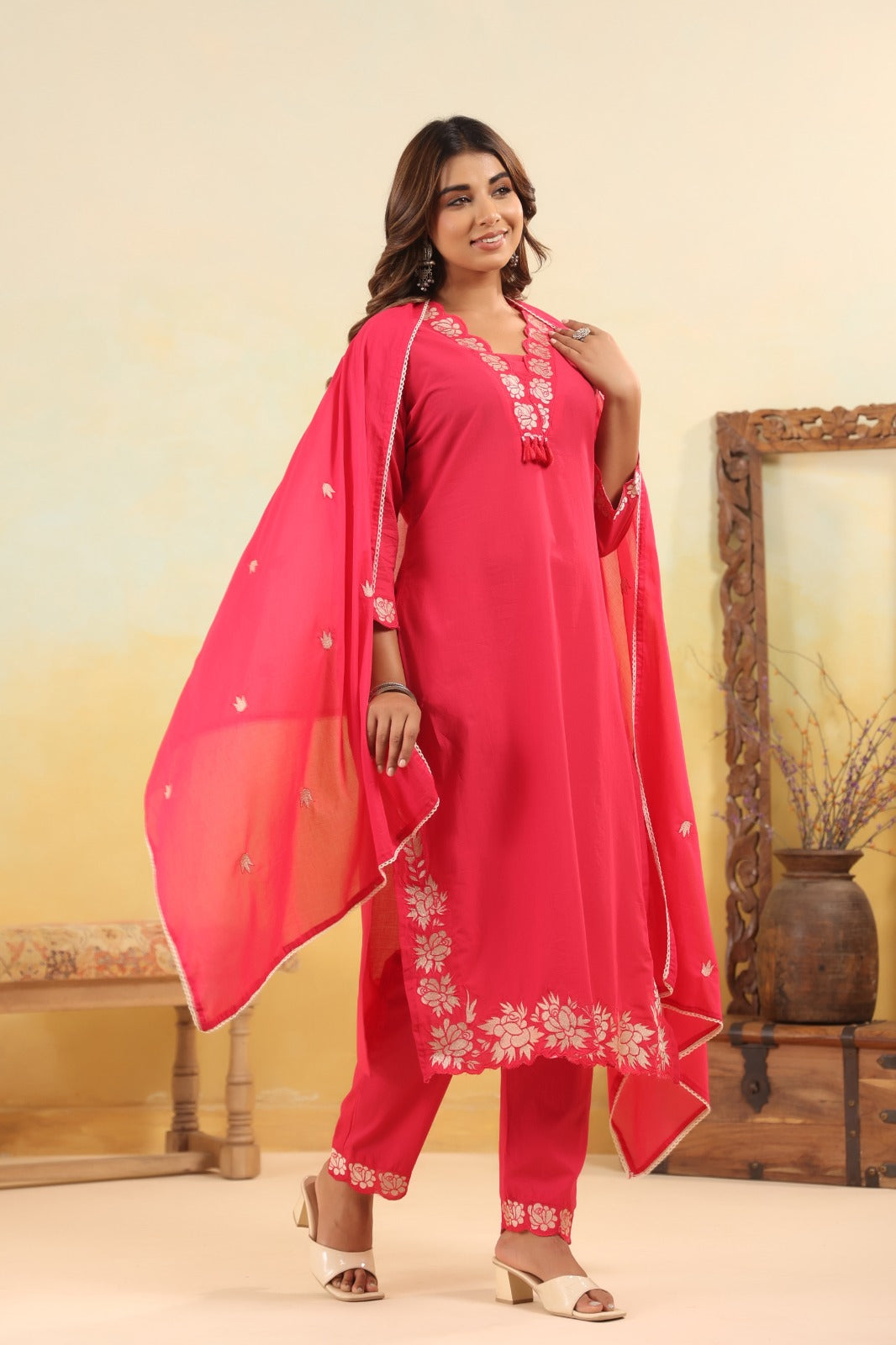 Jashn – Pink Solid Cotton Suit Set with Dupatta | Festive Ethnic Wear for Women