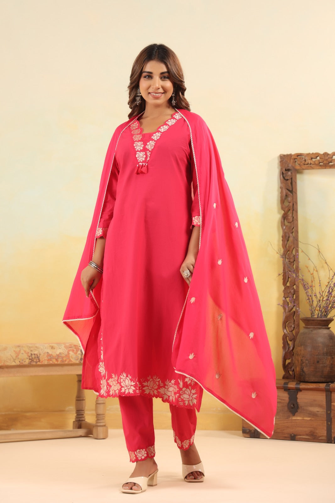 Jashn – Pink Solid Cotton Suit Set with Dupatta | Festive Ethnic Wear for Women