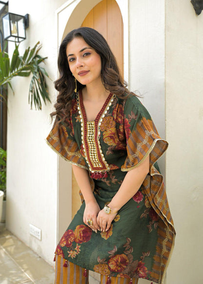 Ta’aruf – Green Muslin Kaftan Dress | Designer Ethnic Wear for Women