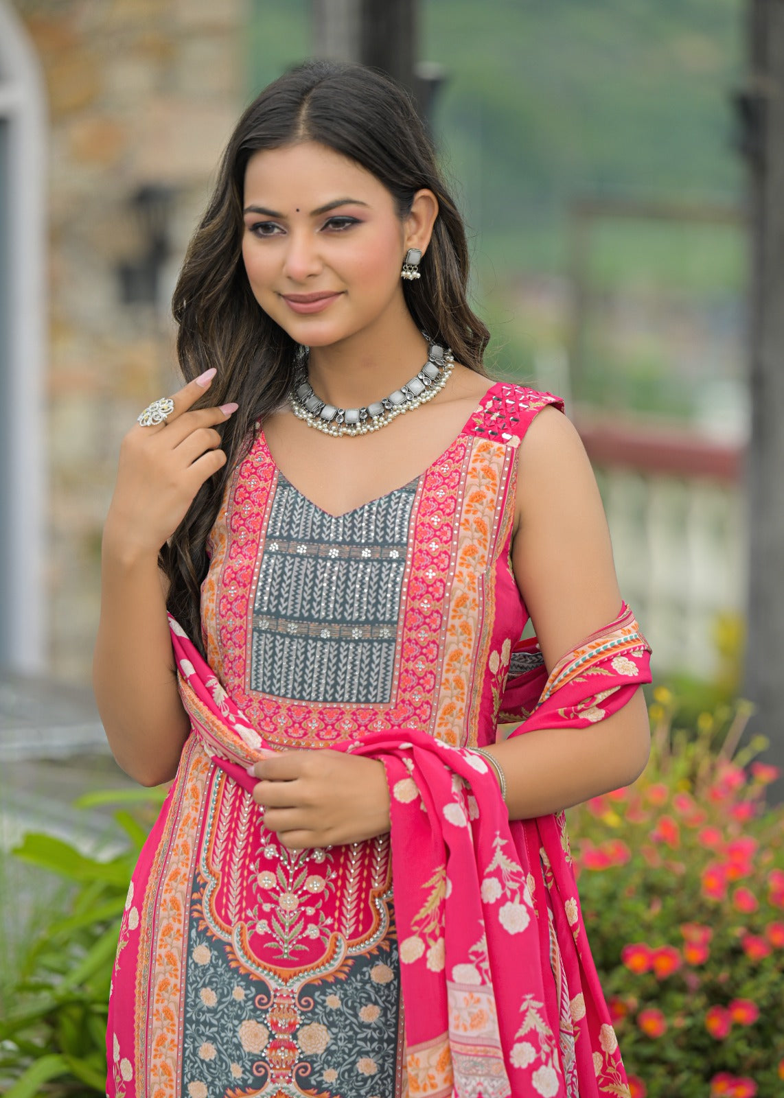 Husn – Rani Pink Pure Chinnon Straight Suit Set with Dupatta | Festive & Party Wear