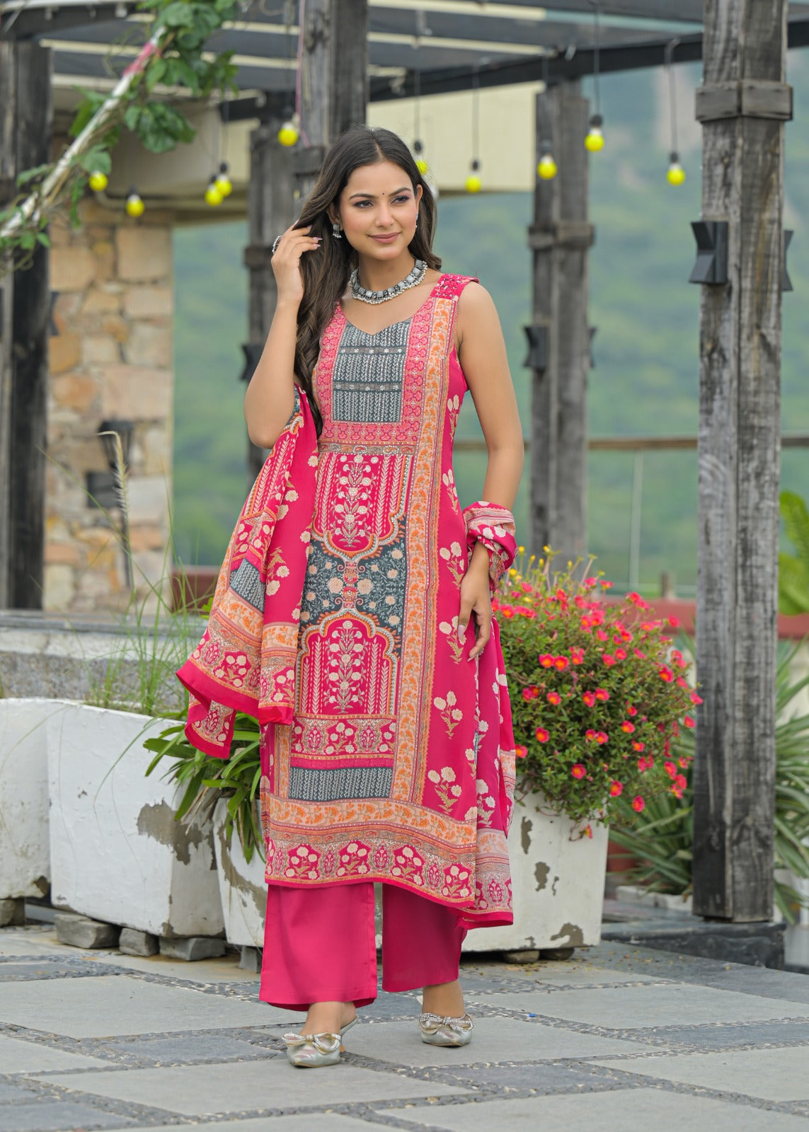 Husn – Rani Pink Pure Chinnon Straight Suit Set with Dupatta | Festive & Party Wear