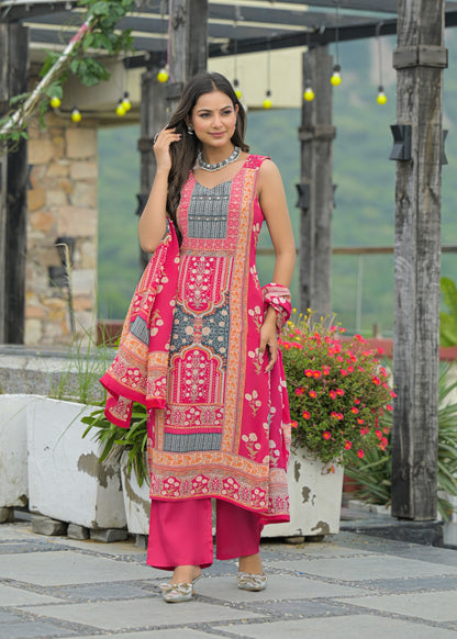 Husn – Rani Pink Pure Chinnon Straight Suit Set with Dupatta | Festive & Party Wear