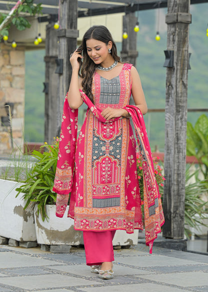 Husn – Rani Pink Pure Chinnon Straight Suit Set with Dupatta | Festive & Party Wear