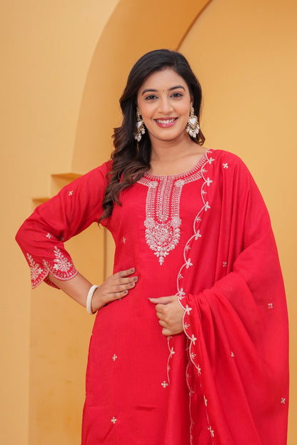 Surkh – Red Pure Chinnon Suit Set with Embroidered Neck & Wide Palazzo | Karwa Chauth Designer Outfit