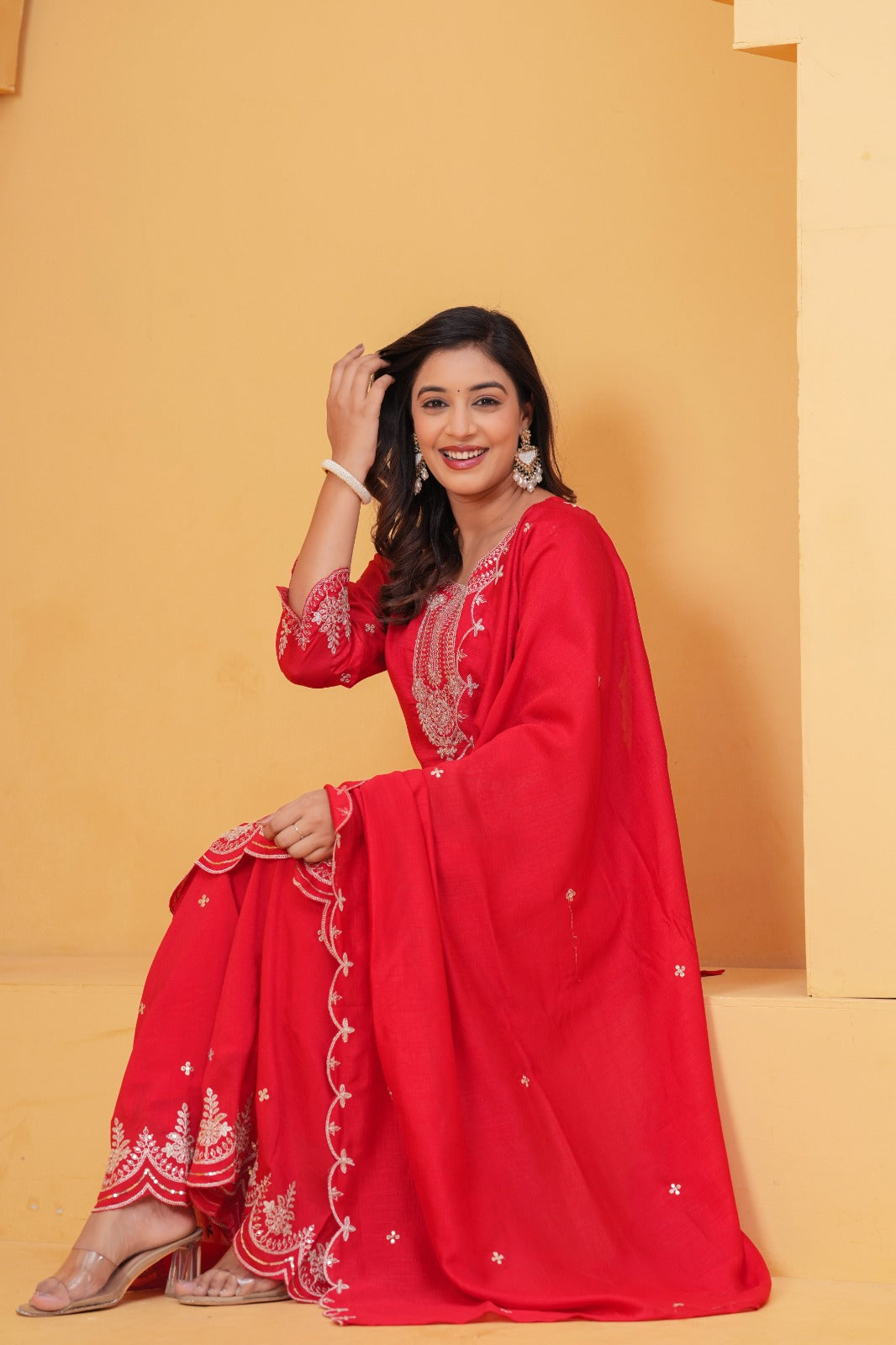 Surkh – Red Pure Chinnon Suit Set with Embroidered Neck & Wide Palazzo | Karwa Chauth Designer Outfit