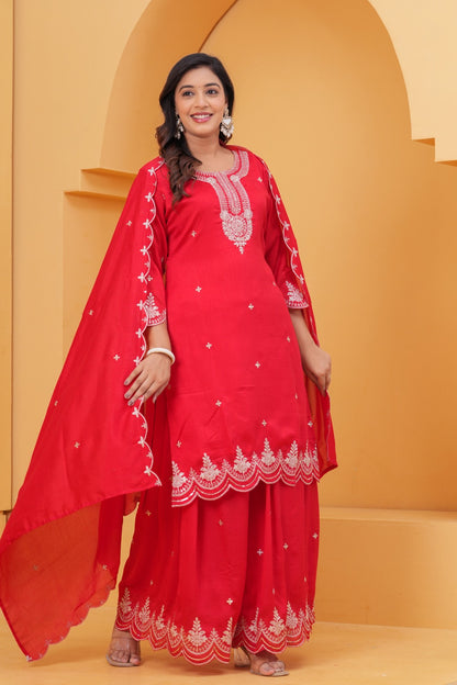 Surkh – Red Pure Chinnon Suit Set with Embroidered Neck & Wide Palazzo | Karwa Chauth Designer Outfit