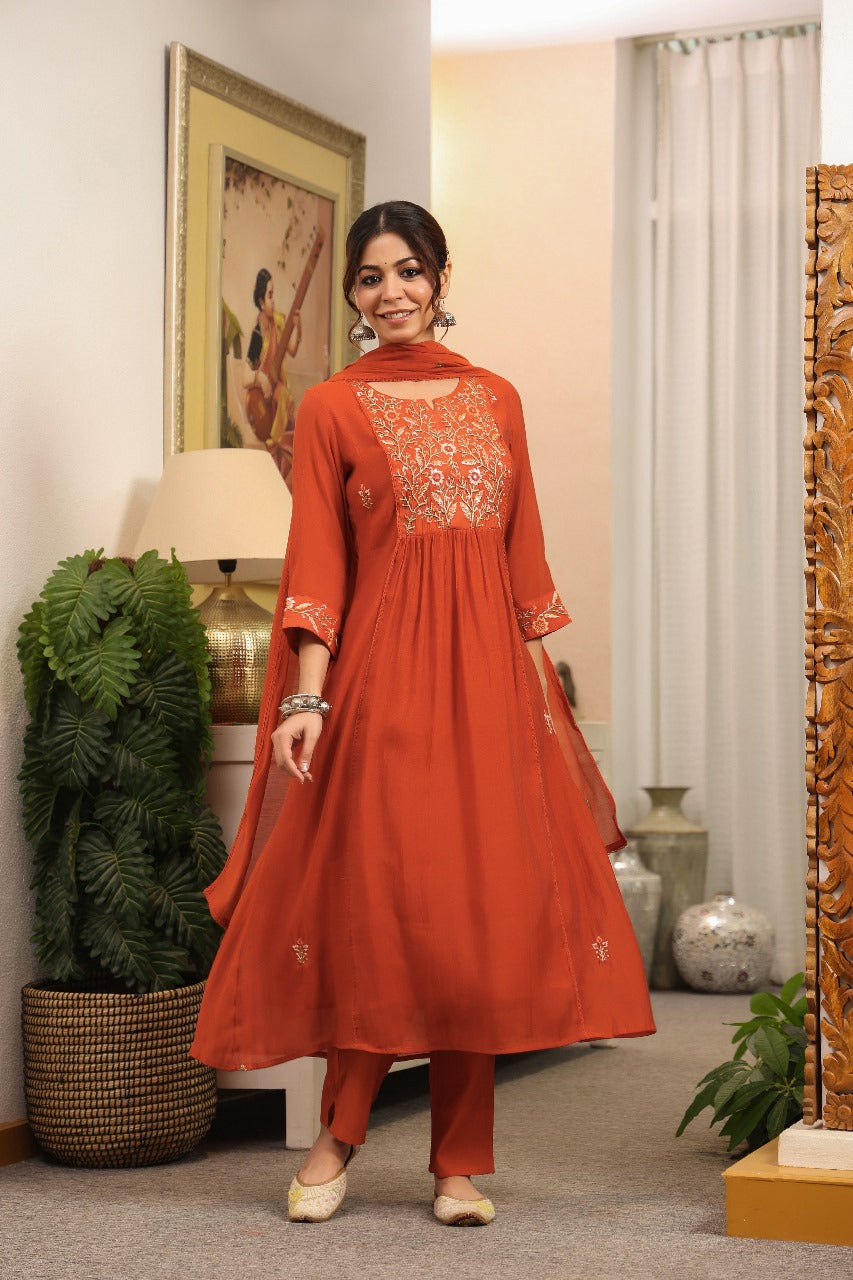Izhaar – Rust Mul Chanderi Anarkali Suit with Embroidered Neckline & Sleeves