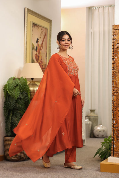 Izhaar – Rust Mul Chanderi Anarkali Suit with Embroidered Neckline & Sleeves