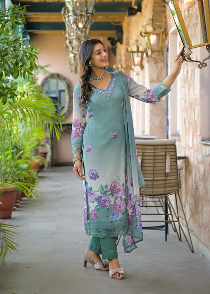 Hasrat – Mint Pure Chiffon Floral Suit with Embroidered Neck & Lace Hem | Festive & Party Wear for Women