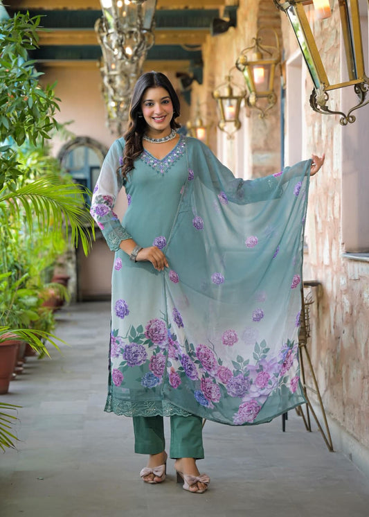 Hasrat – Mint Pure Chiffon Floral Suit with Embroidered Neck & Lace Hem | Festive & Party Wear for Women