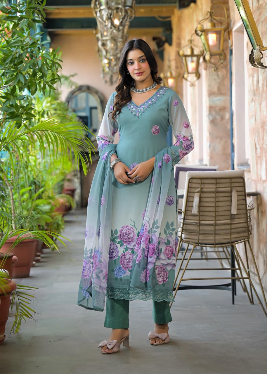 Hasrat – Mint Pure Chiffon Floral Suit with Embroidered Neck & Lace Hem | Festive & Party Wear for Women