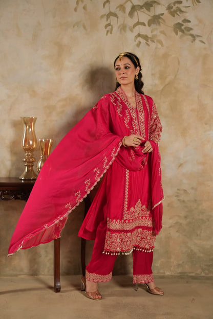 Afsana – Red Pure Chinnon Embroidered Suit Set with Dupatta | Karwa Chauth & Wedding Ethnic Wear