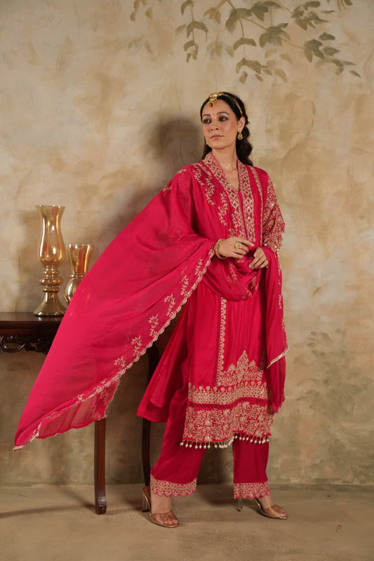 Afsana – Red Pure Chinnon Embroidered Suit Set with Dupatta | Karwa Chauth & Wedding Ethnic Wear