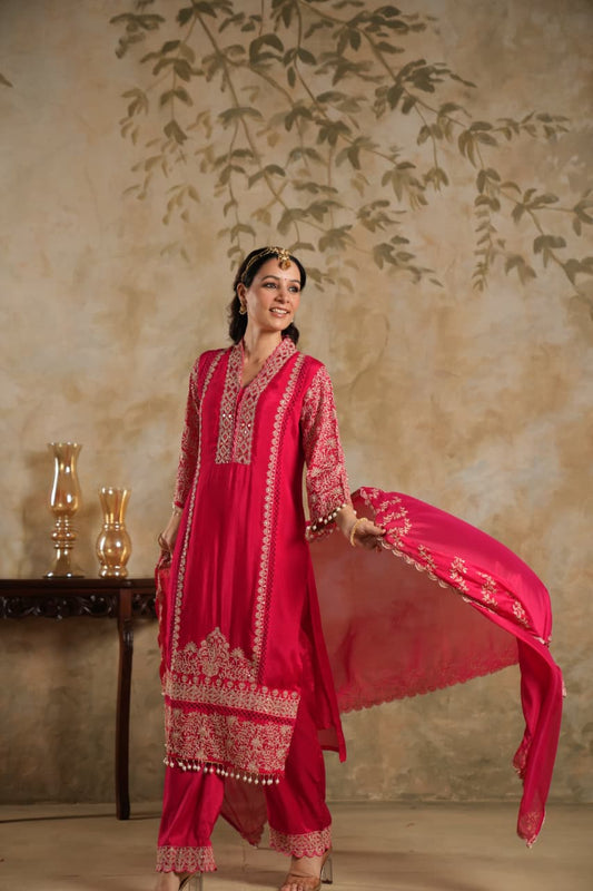 Afsana – Red Pure Chinnon Embroidered Suit Set with Dupatta | Karwa Chauth & Wedding Ethnic Wear