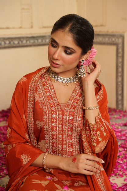 Navaazish – Rust Pure Chinnon Anarkali Suit Set with Intricate Embroidery & Dupatta | Designer Anarkali for Festive Wear