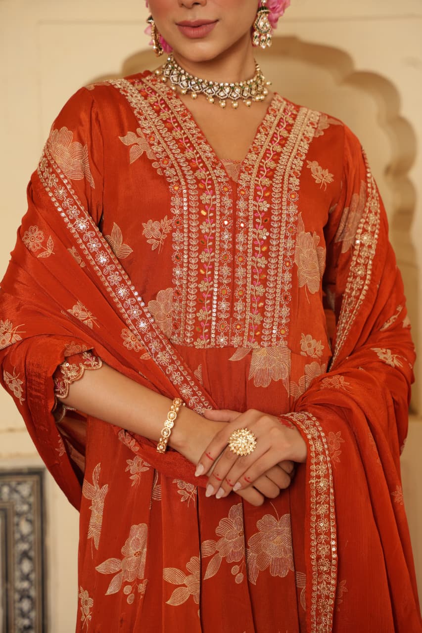 Navaazish – Rust Pure Chinnon Anarkali Suit Set with Intricate Embroidery & Dupatta | Designer Anarkali for Festive Wear