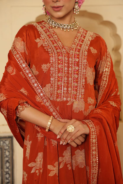 Navaazish – Rust Pure Chinnon Anarkali Suit Set with Intricate Embroidery & Dupatta | Designer Anarkali for Festive Wear