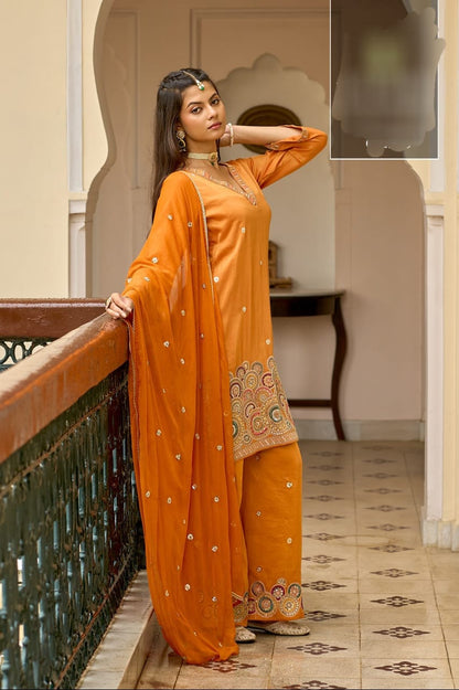 Sabr – Shimmer Fabric Suit Set with Heavy Handwork Hem, Embroidered Palazzo & Dupatta | Luxury Designer Ethnic Wear